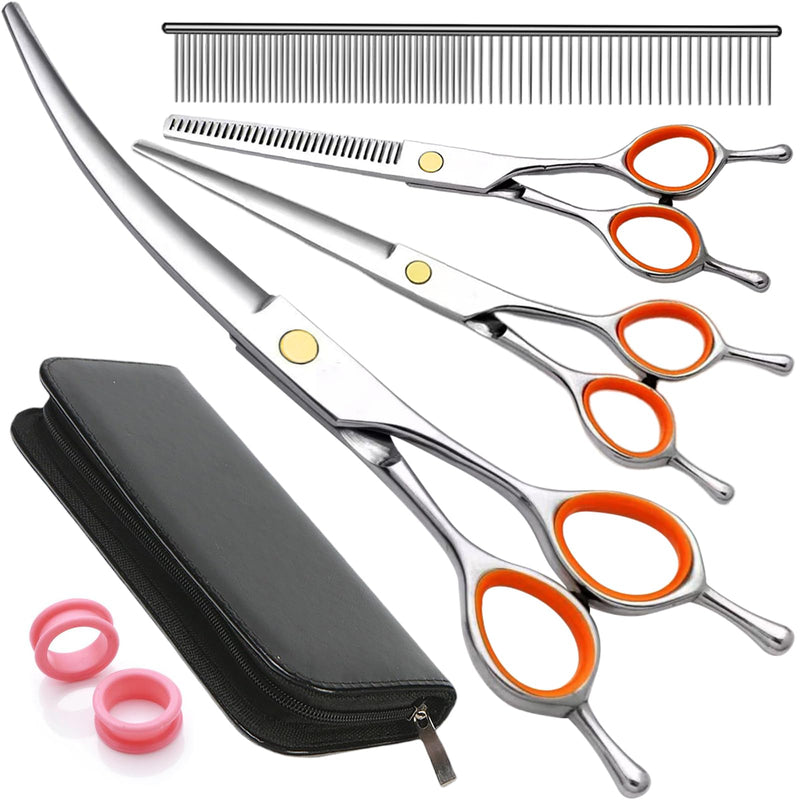 AIRY 7.5-in Professional Dog Grooming Scissors Set - Premium Stainless Steel Scissors Kit Including Straight Cutting, Thinning Shears, Curved Scissors,Comb and Storage Bag,Pet Grooming Kit for Dogs 5IN1 - PawsPlanet Australia