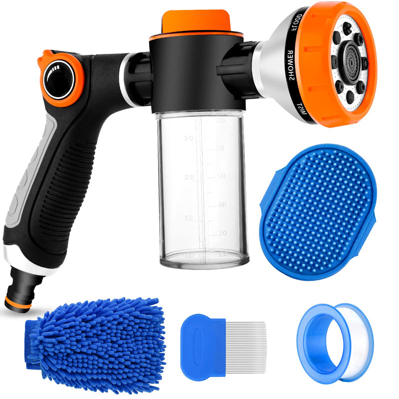 Upgrade Dog Washing Hose Attachment Soap Dispenser, Dog Wash Hose Attachment with Pet Bath Brush Car Wash Mitt and Dog Comb for Showering Pet (Hose Not Include) orange - PawsPlanet Australia