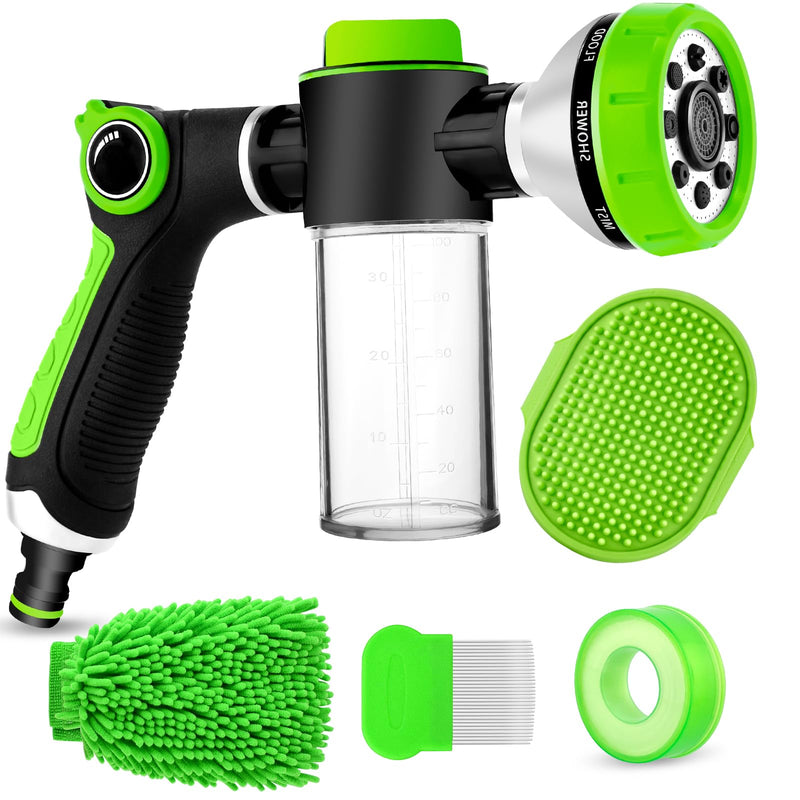 Upgrade Pup Jet Dog Wash for Outdoor, Dog Shampoo Hose Attachment with Soap Dispenser, Dog Wash Hose Attachment with Pet Bath Brush Car Wash Mitt and Dog Comb for Showering Pet (Hose Not Include) Green-2 - PawsPlanet Australia