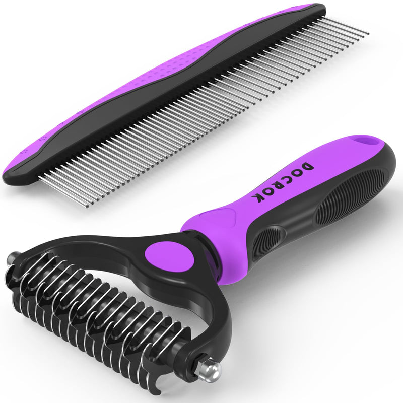 Pet Grooming Brush and Metal Comb Combo - Undercoat Rake for Dematting and Deshedding Long Matted Haired Dogs and Cats, Purple - PawsPlanet Australia