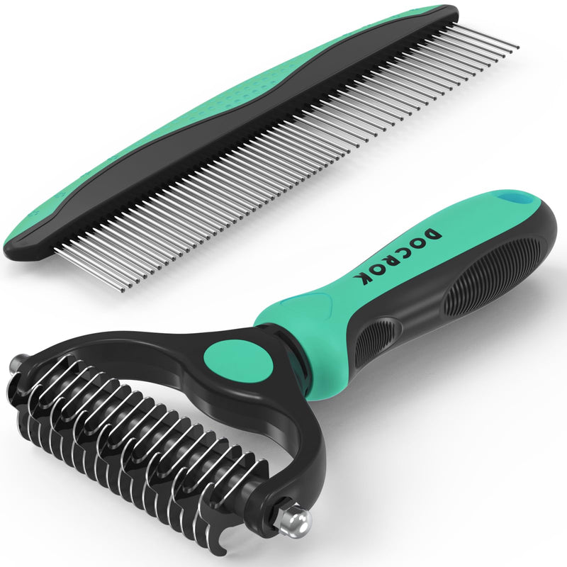 Pet Grooming Brush and Metal Comb Combo, Cat Brush Dog Brush for Shedding, Undercoat Rake for Dogs Grooming, Dematting Deshedding Brush Dogs Shedding Tool for Long matted Haired Pets, Green - PawsPlanet Australia
