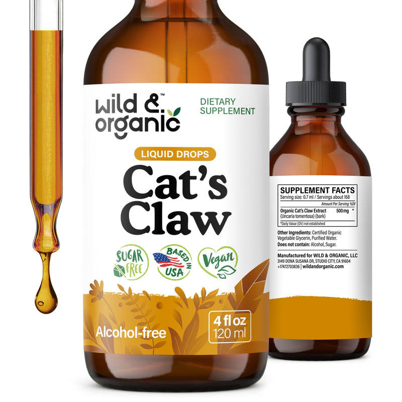 Wild & Organic Cats Claw Herb Supplement - Immune Support - Pure Cats Claw Tincture - Add to Tea Liquid Drops - Uncaria Tomentosa Bark - Vegan, Sugar & Alcohol-Free - 4 fl oz 4 Fl Oz (Pack of 1) - PawsPlanet Australia