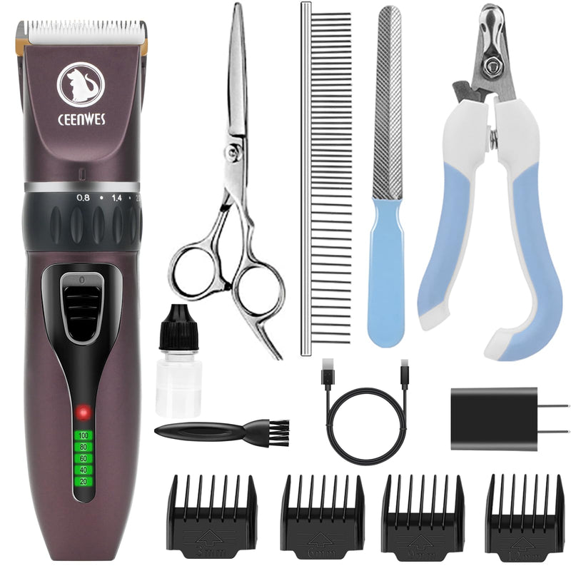 Dog Clippers Cordless Grooming Kit Professional Horse Clippers with 4 Comb Guides, Low Noise Pet Clippers Rechargeable Grooming Tools for Dogs Cats Horse Pets Brown - PawsPlanet Australia