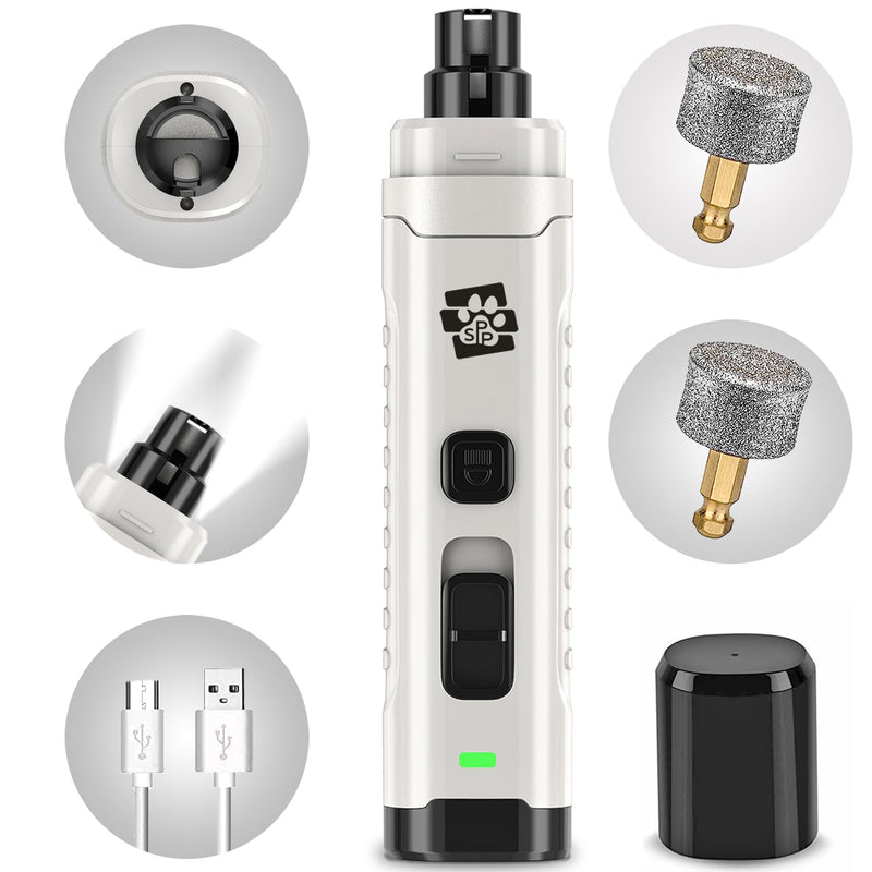 Dog Nail Grinder - Ultra Quiet Operation - Upgraded Dog Nail Trimmer with 2 LED Lights - 2-Speed Rechargeable Nail Grinder - for Small, Medium and Large Dogs - Extra Grinding Head - PawsPlanet Australia