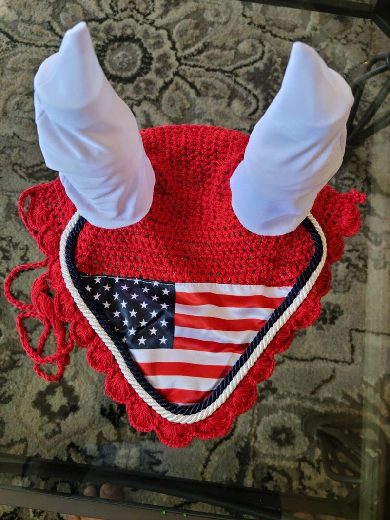 U.S. Flag Horse Fly Bonnet Ear Net Fly Veil Christmas Hood Mask Hand Made Crochet Cotton - PawsPlanet Australia