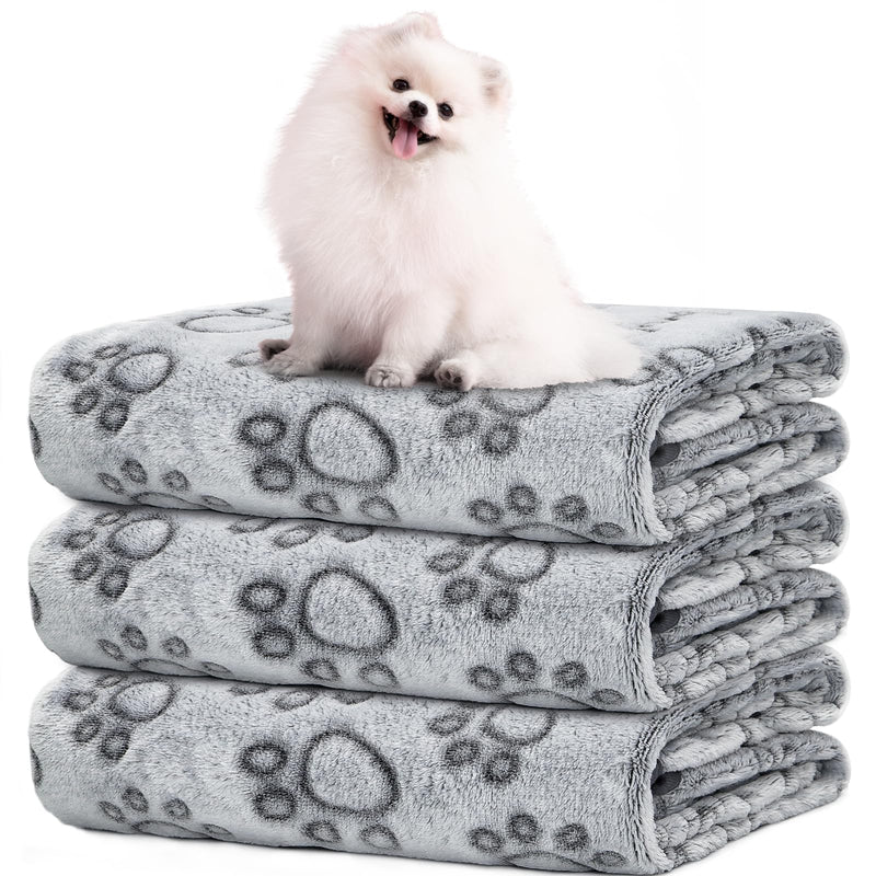 Fleece Dog Blanket for Medium Large Dogs - Washable, Cute Paw Print Pet Puppy Cat Blanket Gray(pack of 3) 32x40Inch - PawsPlanet Australia