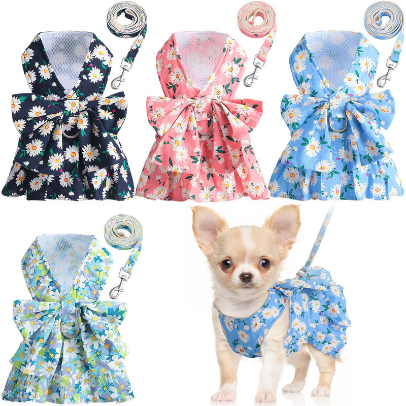 Sanwuta 4 Pack Harness Dog Dress Bowknot Leash Set Floral Princess Dog Harness Dress Vest with Leash Pet Doggy Outfits for Outdoor Walking, 4 Colors(Small) Small - PawsPlanet Australia