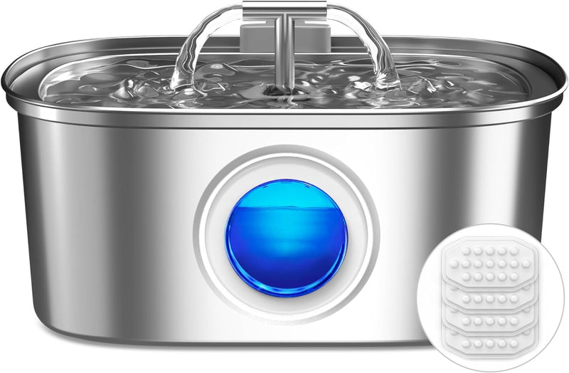 Cat Water Fountain Stainless Steel: 108oz/3.2L Cat Fountain for Drinking with Filter - Pet Water Fountains for Cats Inside - Automatic Cat Feeding & Watering Supplies - Water Level Window Fountain + 4 Filters & 4 Sponges - PawsPlanet Australia