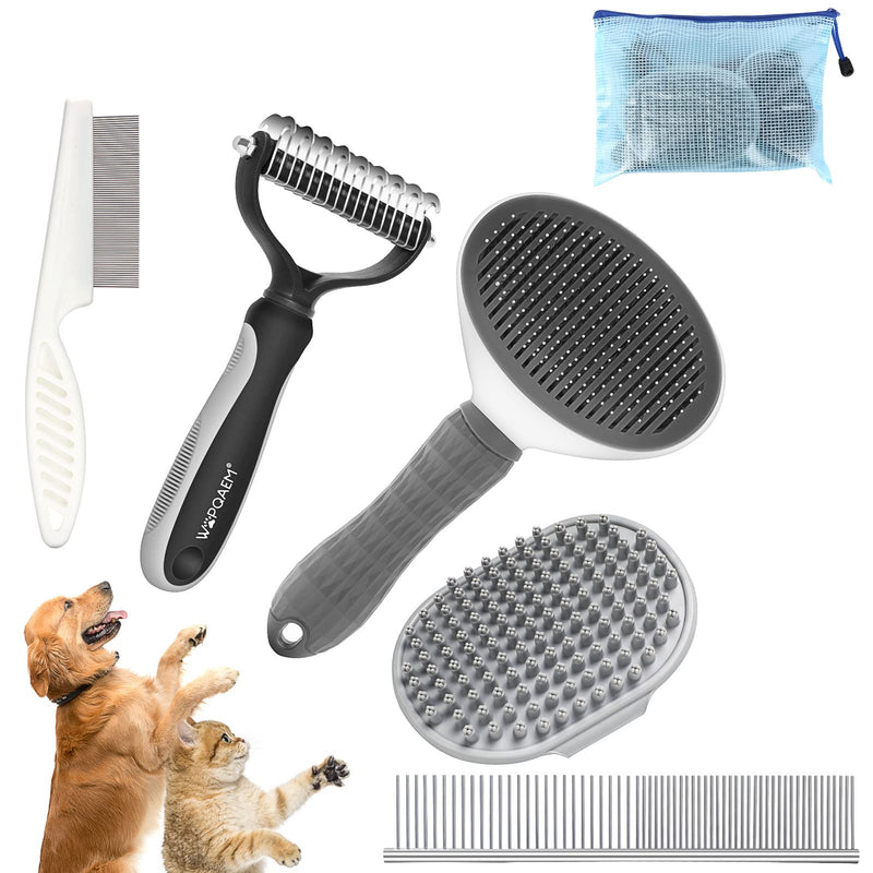 5 in 1 Dog Grooming Kit - Self-Cleaning Slicker Brush for Shedding Short Long Haired Dogs & Cats, Includes Pet Comb, Flea Comb, Bath Brush, Undercoat Rake - Complete Fur Care Set - Gray - PawsPlanet Australia