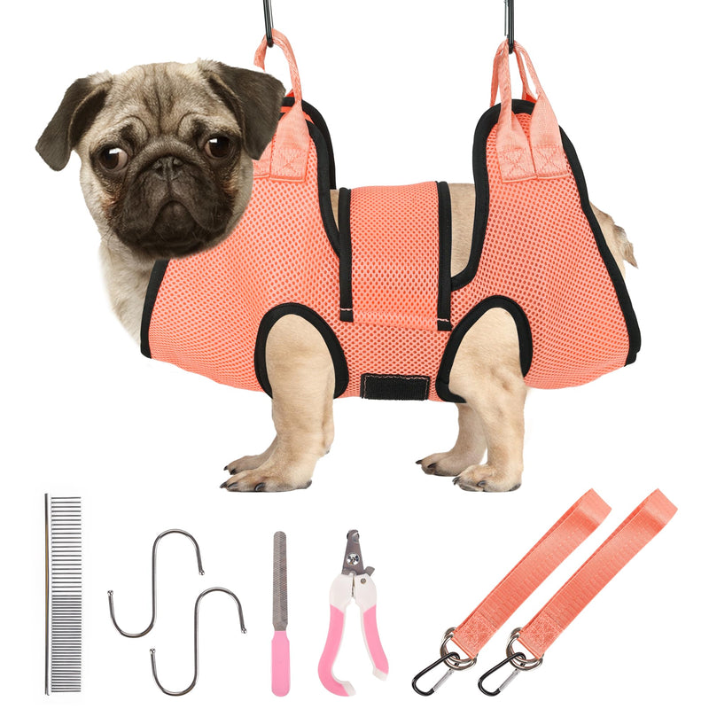 Dog Grooming Hammock, Pet Grooming Hammock for Cats & Dogs with Security Strap, Dog Sling for Nail Trimming with Nail Clippers/Trimmer, Nail File, Pet Comb(S) S Orange - PawsPlanet Australia