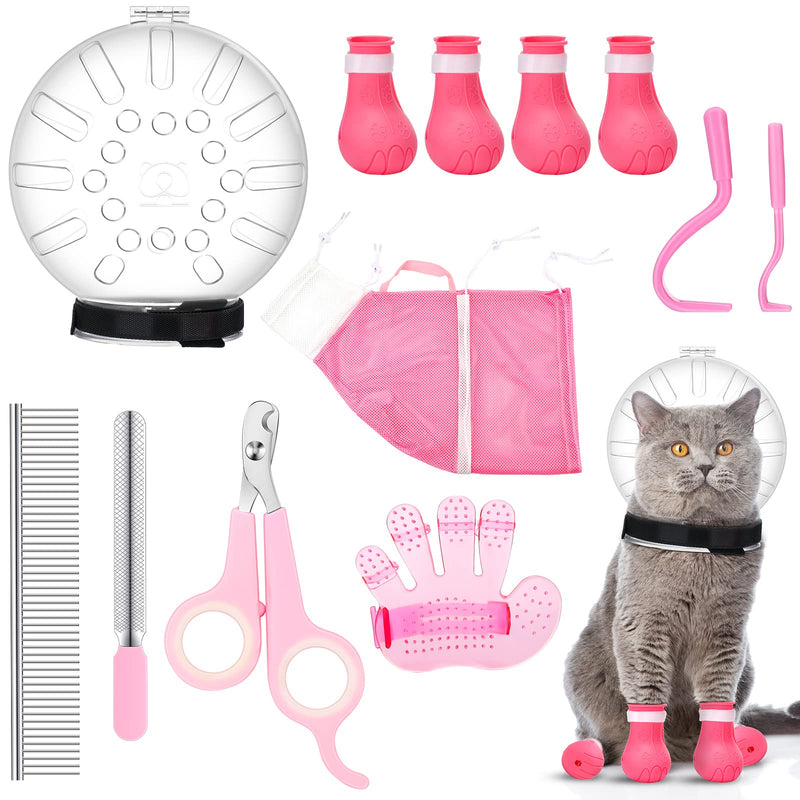 Therwen 8 Pcs Cat Bathing Bag Set Adjustable Pet Shower Net Bag Cat Helmet for Grooming Breathable Cat Muzzle Boots Paw Covers Nail Clipper Nail File Tick Tool Massage Brush Comb Pet Trimming Cleaning - PawsPlanet Australia