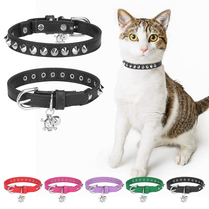Leather Cat Collars for Boy Girl Cats with Bell and Safety Elastic Belt, Personalized Rivets Stud Adjustable Safe Buckle Collar with Skull Charm for Kitty Small Pets, Black 8"-12" Cats / Mini Dogs(Pack of 1) Black_Studded - PawsPlanet Australia