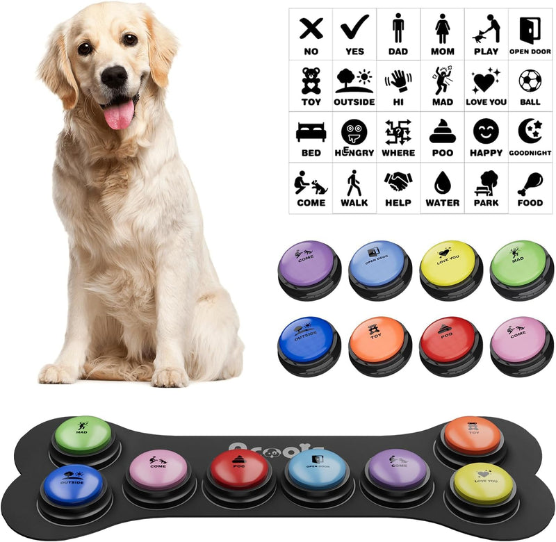 Dog Buttons for Communication, 8 Pcs Dog Talking Button Set, 30s Recordable Voice Pet Buzzer Training Buttons, Speaking Button for Dogs with Waterproof Anti-Slip Dog Button Mat and 48 Scene Stickers A-8 Pack - PawsPlanet Australia