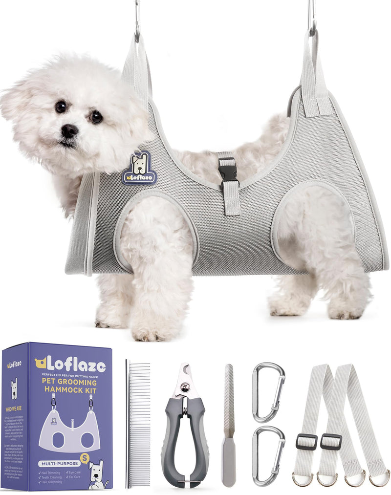 Dog grooming Hammock Harness for Dogs & Cats with Pet Nail Clipper Trimmer - Cat hanger Sling for Trimming Clipping Nails- Dog Hammock Restraint Bag for small medium large dog （ Grey S ） S ( Legs Distance : 9-12 " / Max W：30lb ) - PawsPlanet Australia