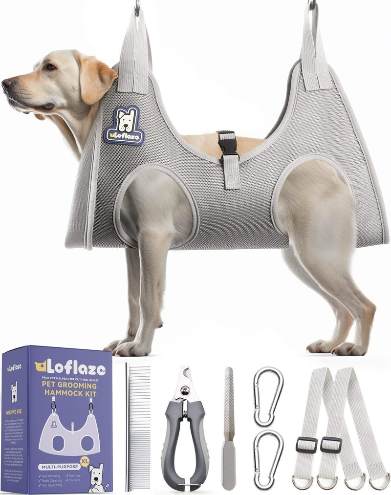 Dog Grooming Hammock Harness for Dogs & Cats with Pet Nail Clipper Trimmer - Cat Hanger Sling for Trimming Clipping Nails- Dog Hammock Restraint Bag for Small Medium Large pet （ Grey XL ） XL ( Legs Distance : 9.5-18.8" / Max W：85lb ) - PawsPlanet Australia