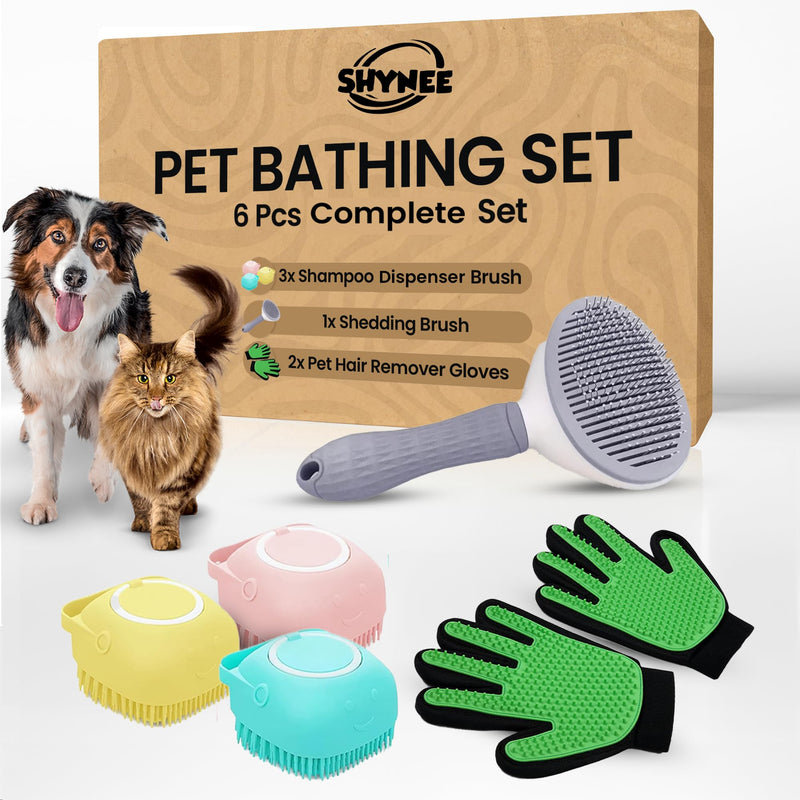 6 in 1 Dog Washing Kit for Loving Dogs & Cats - Dog Bath Brush, Dog Shampoo Brush, Dog Scrubber for Bath, Dog Washing Gloves and Mittens for Short & Long Haired Dog/Cat - Pets Love It! - PawsPlanet Australia