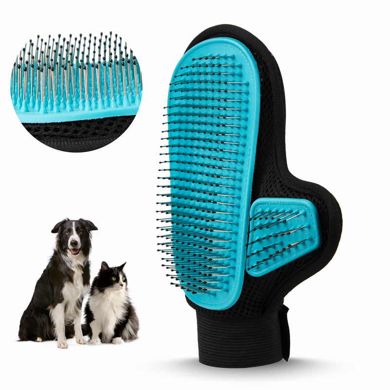 2024 Pet Grooming Glove with Tipped Pin Brush,Special Design Deshedding Glove, Massage Mitt, Perfect Petting Tool for Sensitive Dogs & Cats with Long & Medium Fur - Right-Hand - Blue - PawsPlanet Australia