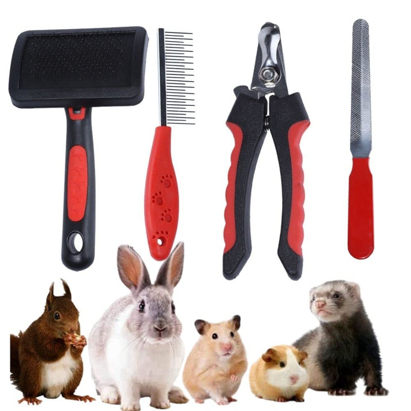 Rabbit Professional Nail Clippers Grooming Kit with Pet Shedding Slicker Brush, Pet Grooming Comb, Nail Clipper Trimmer for Rabbit, Puppy, Kitten, Guinea Pig, Hamster, Ferret (4PCS) 4PCS