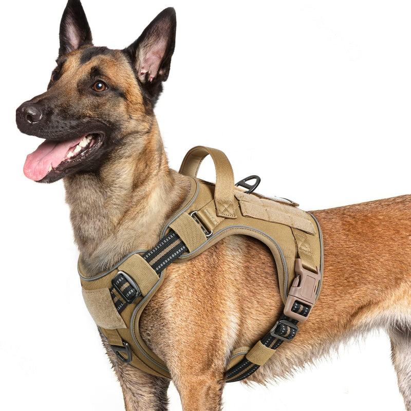rabbitgoo Dog Harness for Large Dogs No Pull, Tactical Service Pet Vest with Molle and Control Handle, Adjustable and Reflective Military Harness for Easy Walking and Training, Brown, L - PawsPlanet Australia