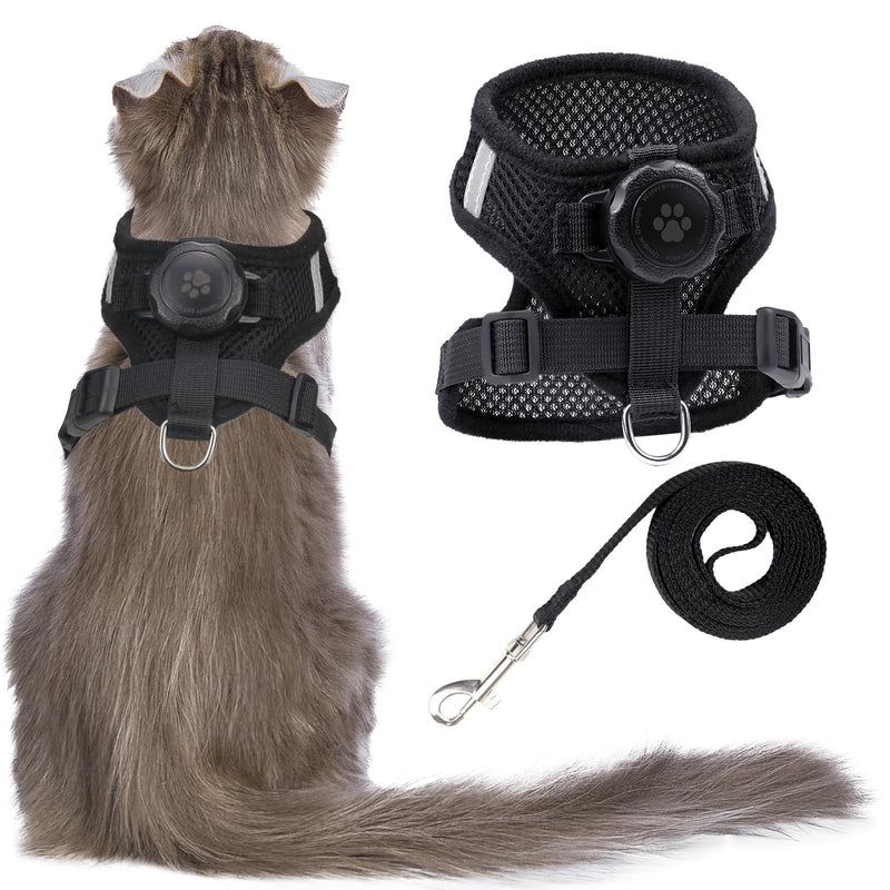 AirTag Cat Harness and Leash for Walking, Integrated Cat Vest with 100% Waterproof Air Tag Holder, Escape Proof Reflective Adjustable Vest Harnesses with Apple Air Tag Case for Cats, Kittens, Puppies Small Black - PawsPlanet Australia