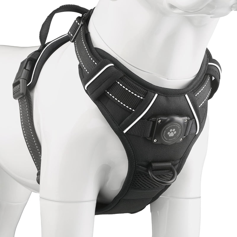 AirTag Dog Harness, Integrated Dog Vest with 100% Waterproof Air Tag Holder, No-Pull No-Choke Reflective Dog Vest Harness with Apple Air Tag Case for Small Medium Large Dogs (Black, S) S:13-25" Black - PawsPlanet Australia