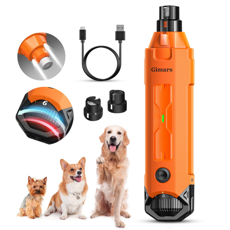 Gimars Upgrade Super Quiet Adjustable 6 Speed Powerful 12000rpm Allow All Controll Dog Nail Grinder 45 db Dual LED Light Pet Nail Grinder USB Rechargeable 3 Ports Nail File for Large Medium Small Dog Orange - PawsPlanet Australia