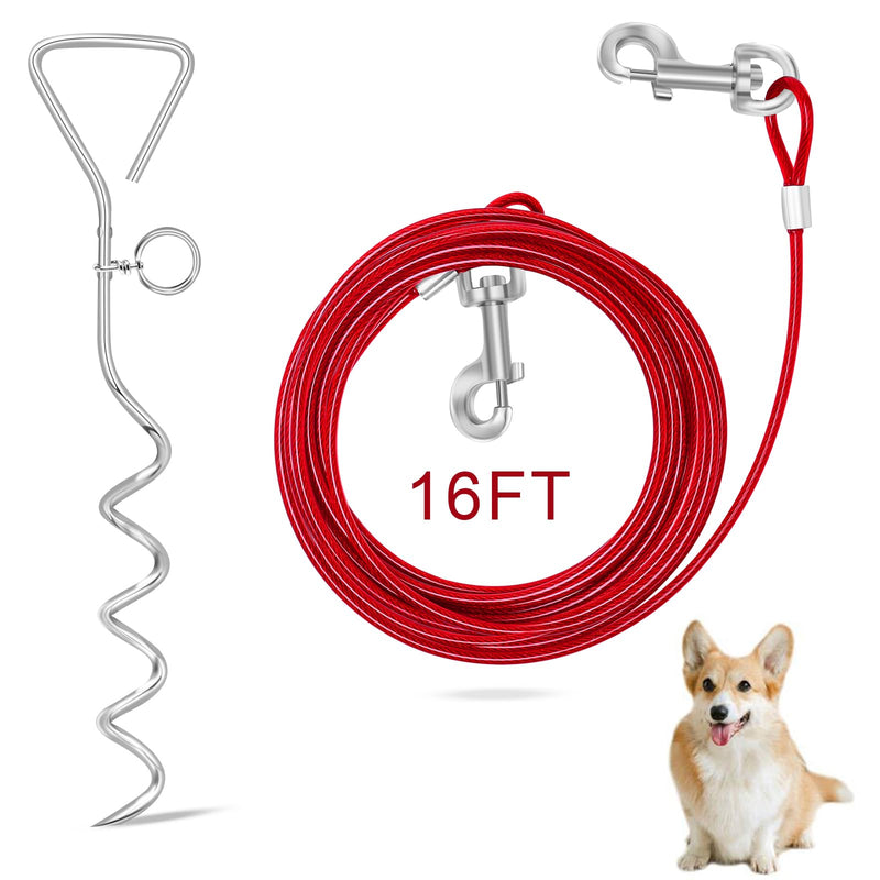 Dog Tie Out Cable and Stake, 16FT Outdoor Dog Stake for Yard Training, Running, Hiking,Camping, 16 Inch Heavy Duty Dog Anchor Spiral Stake for Small to Medium Dogs(Red) red-16FT - PawsPlanet Australia