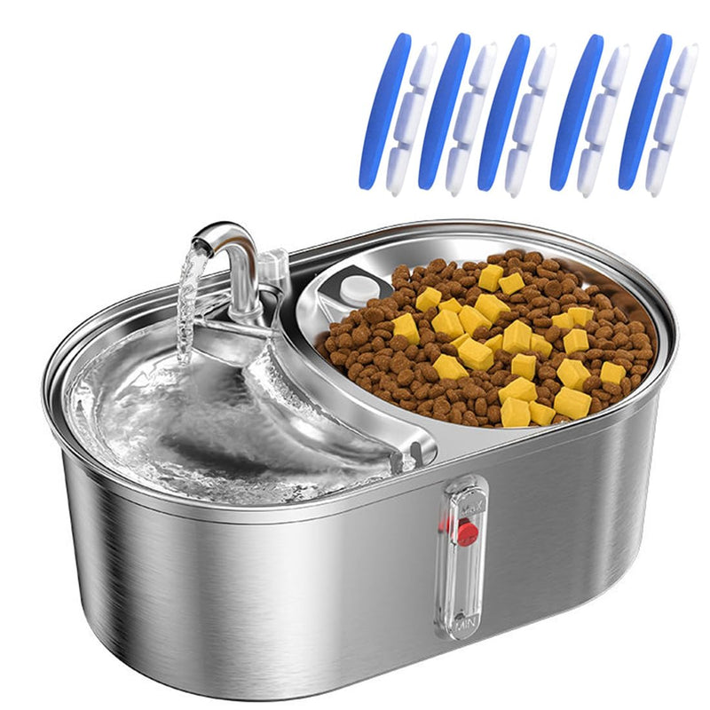 Dual Bowl Cat Water Fountain 3L/101oz,Stainless Steel Pet Drinking Fountain,2-in-1 Cat Bowls for Food-Wate(Water-Water),Ultra-Silent Automatic Dog Water Dispenser with Pump and 5 Filters 101oz/3L Cat Water Fountain - PawsPlanet Australia