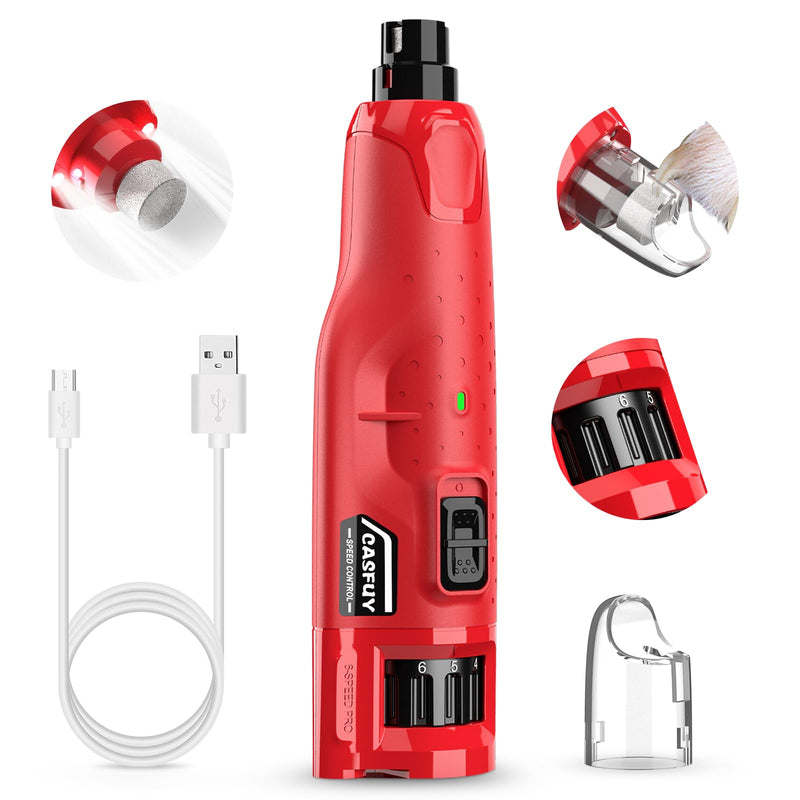 Casfuy Dog Nail Grinder Quiet - (45db) 6-Speed Pet Nail Grinder with 2 LED Lights for Large Medium Small Dogs/Cats, Professional 3 Ports Rechargeable Electric Dog Nail Trimmer with Dust Cap(Red) A-Red - PawsPlanet Australia