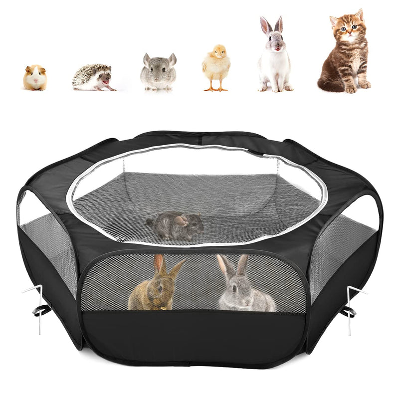 Pawaboo Small Animals Playpen, Waterproof Small Pet Cage Tent with Zippered Cover, Portable Outdoor Yard Fence with 3 Metal Rod for Kitten/Puppy/Guinea Pig/Rabbits/Hamster/Chinchillas, Black - PawsPlanet Australia