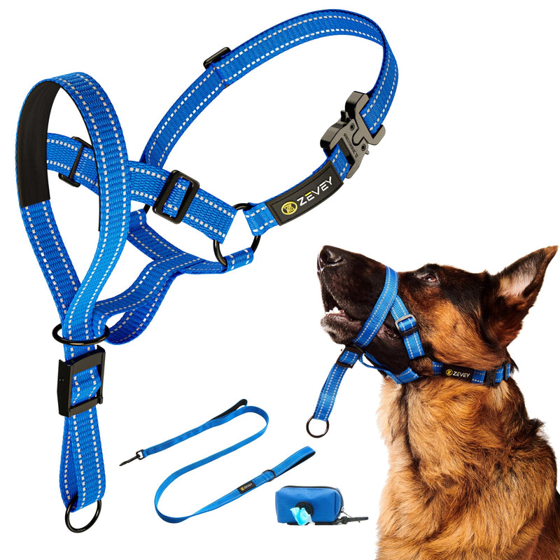 Dog Headcollar With Leash And Safety Strap Stops Heavy Pulling On The Leash Padded Reflective Head Halter For Small Medium Large Dogs Adjustable Head Harness For Training And Walking, (XL, Blue) XL - PawsPlanet Australia