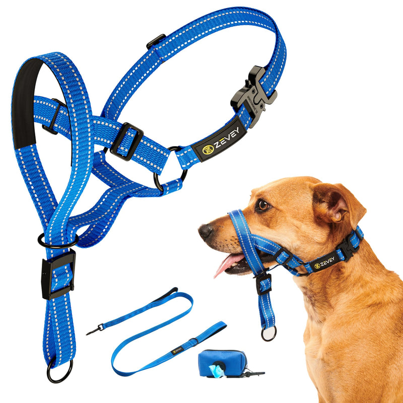 Dog Headcollar with Leash and Safety Strap Stops Heavy Pulling On The Leash Padded Reflective Head Halter for Small Medium Large Dogs Adjustable Head Harness for Training and Walking, (S, Blue) S - PawsPlanet Australia