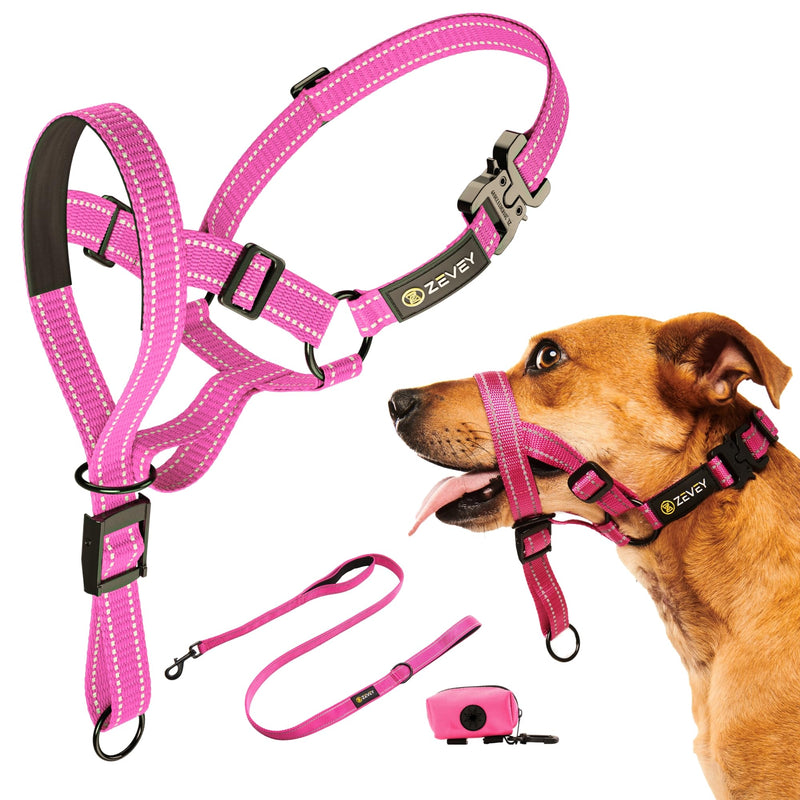Dog Headcollar with Leash and Safety Strap Stops Heavy Pulling On The Leash Padded Reflective Head Halter for Small Medium Large Dogs Adjustable Head Harness for Training and Walking, (M, Pink) - PawsPlanet Australia