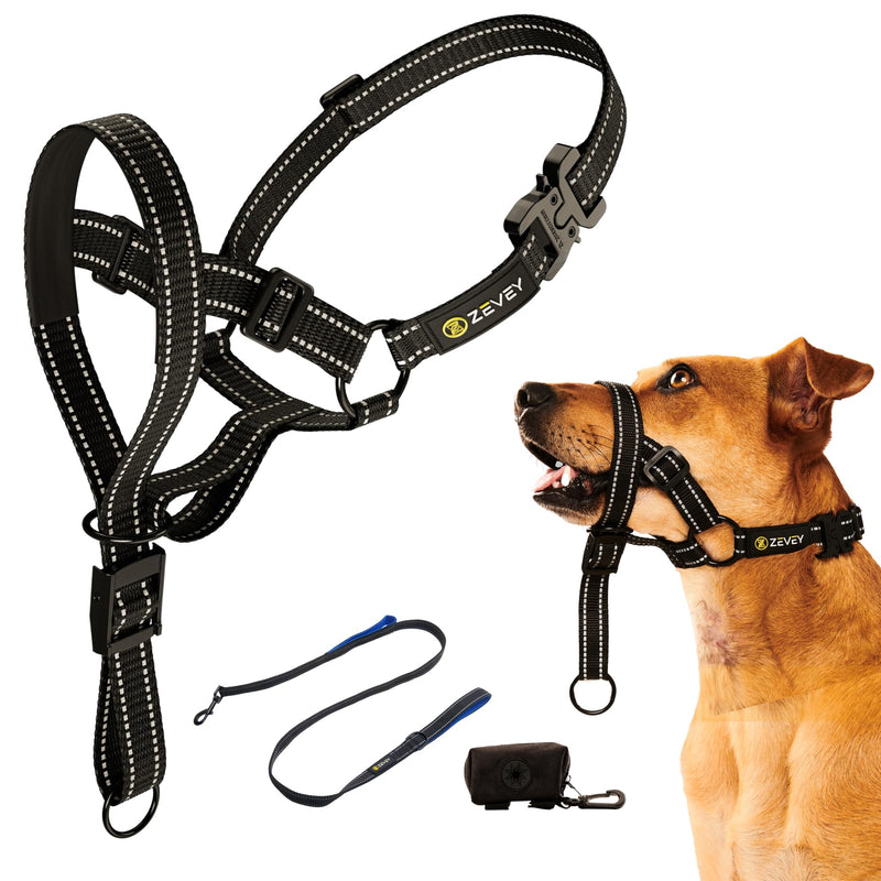 Dog Headcollar With Leash And Safety Strap Stops Heavy Pulling On The Leash Padded Reflective Head Halter For Small Medium Large Dogs Adjustable Head Harness For Training And Walking, (M, Black) - PawsPlanet Australia