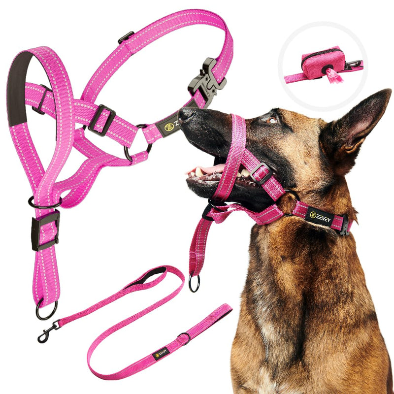 Dog Head Halter with Leash and Safety Strap Stops Heavy Pulling On The Leash Padded Reflective Headcollar for Small Medium Large Dogs Adjustable Head Harness for Training and Walking (XL, Pink) X-Large - PawsPlanet Australia