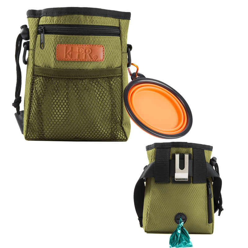 Dog Treat Training Pouch Easily Carries Pet Toys Kibble, Treats Built-in Poop Bag Dispenser 3 Ways to Wear Comes with a Foldable Silicone Bowl(Army Green) army green - PawsPlanet Australia