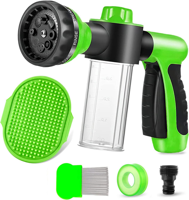 Pup Jet Dog Wash Outdoor, 8-in-1 Dog Sprayer Hose Attachment with Dog Shower Brush and Pet Grooming Comb, 3/4 Inch Standard Garden Hose Nozzle for Watering Flowers, Car Washing, Pet Bathing(Green) Green - PawsPlanet Australia