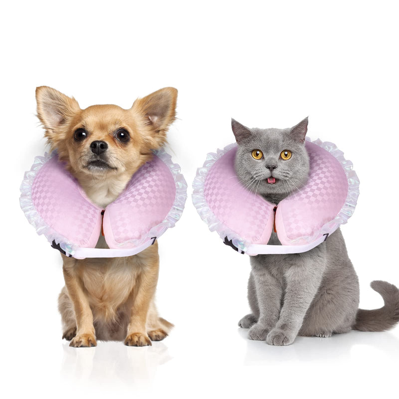 CuteBone Inflatable Cat Cone to Stop Licking After Surgery-Double Adjustable Neck Range P23SO00101S Upgrade-pink plaid Small - PawsPlanet Australia