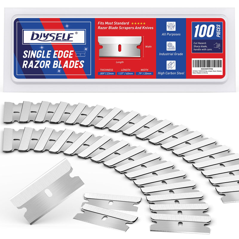 DIYSELF Single Edge Razor Blades, 100 Blades, Razor Blades Refiils for Razor Scraper, Utility Knife, Heavy Duty One Edge Blades, High Carbon Steel Blade for Removing Decals, Stickers 100 Count (Pack of 1) - PawsPlanet Australia