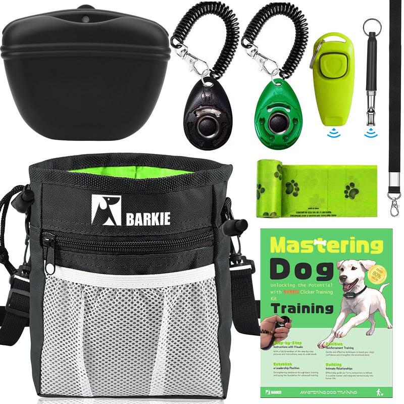 BARKIE Dog Training Kit - Treat Pouch, Pet Training Fanny Pack, 2 Puppy Training Clickers, Ultrasonic Silent Whistle, 2-in-1 Whistle Clicker, Clicker Training Guide Booklet, Dog Poop Bag (Black) Black - PawsPlanet Australia