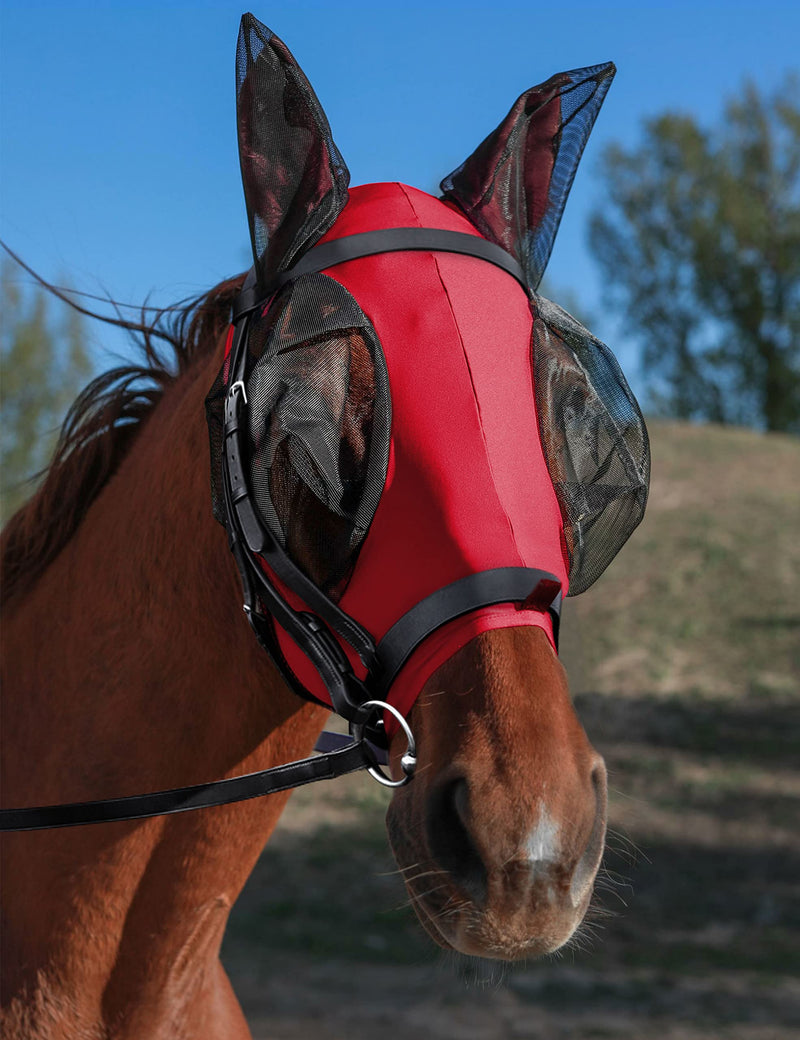 Horse Fly Mask with Ears, UV Protection Fly Mask for Horses, Elasticity Fly Mask with Big Mesh Eye Covers, Snug Fitting Comfortable Breathable Lightweight Fly Mask Horse Rose Red Cob Medium - PawsPlanet Australia