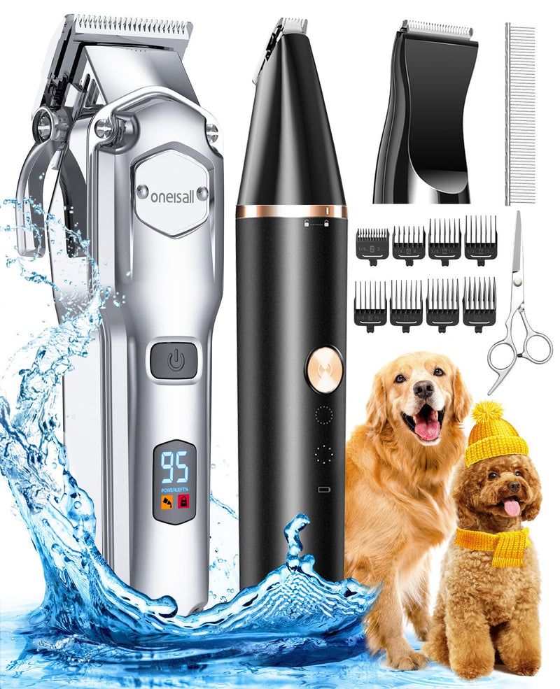 oneisall Dog Grooming Kit for Heavy Thick Hair&Coats/Low Noise Rechargeable Cordless Waterproof Dog Clippers for Grooming Animals&Pets/Pet Shaver with Stainless Steel Blade and Paw Trimmer - PawsPlanet Australia