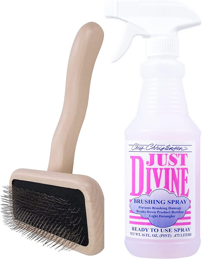 Chris Christensen Groomer's Bundle - Karben II Slicker Brush, Remove Shedding Coat, 17 mm Stainless Steel Pins, Small - Just Divine Dog Brushing Spray, Light Detangler, Prevents Damage, 16 oz - PawsPlanet Australia