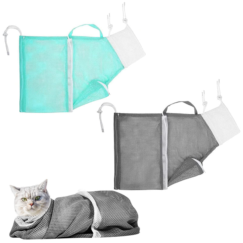 2PCS Cat Bathing Bag, Adjustable Cat Grooming Net Bag Breathable Cat Shower Bag for Cat Restraint Washing Bathing Nail Trimming Injection Medicine Taking (Green, Grey) - PawsPlanet Australia