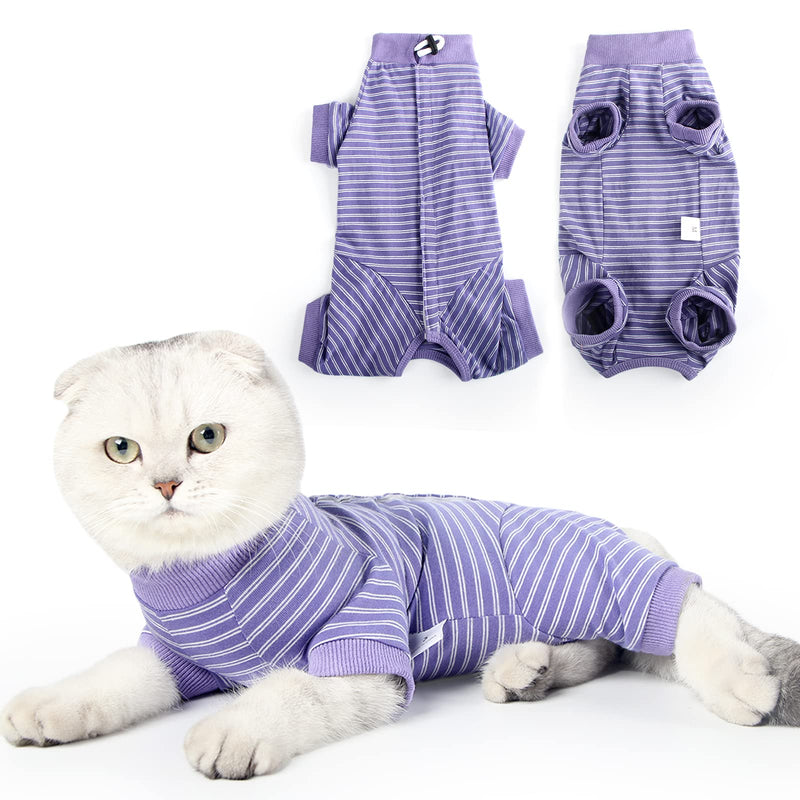 Cat Surgical Recovery Suit Professional for Male Female Dog Abdominal Wounds Cone E-Collar Alternative, Anti-Licking Or Skin Diseases Pet Surgical Recovery Pajama Suit, Soft Fabric Onesie for Cats M (Pack of 1) Violet Striped - PawsPlanet Australia