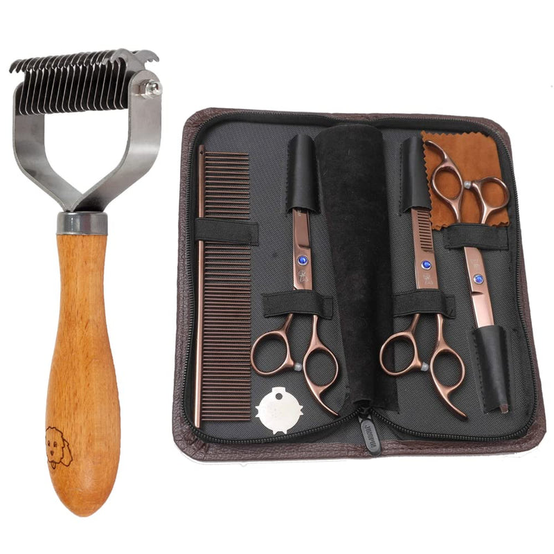 We Love Doodles Brown Stainless Steel Dematting Rake for Dogs & Dog Grooming Scissors Kit
