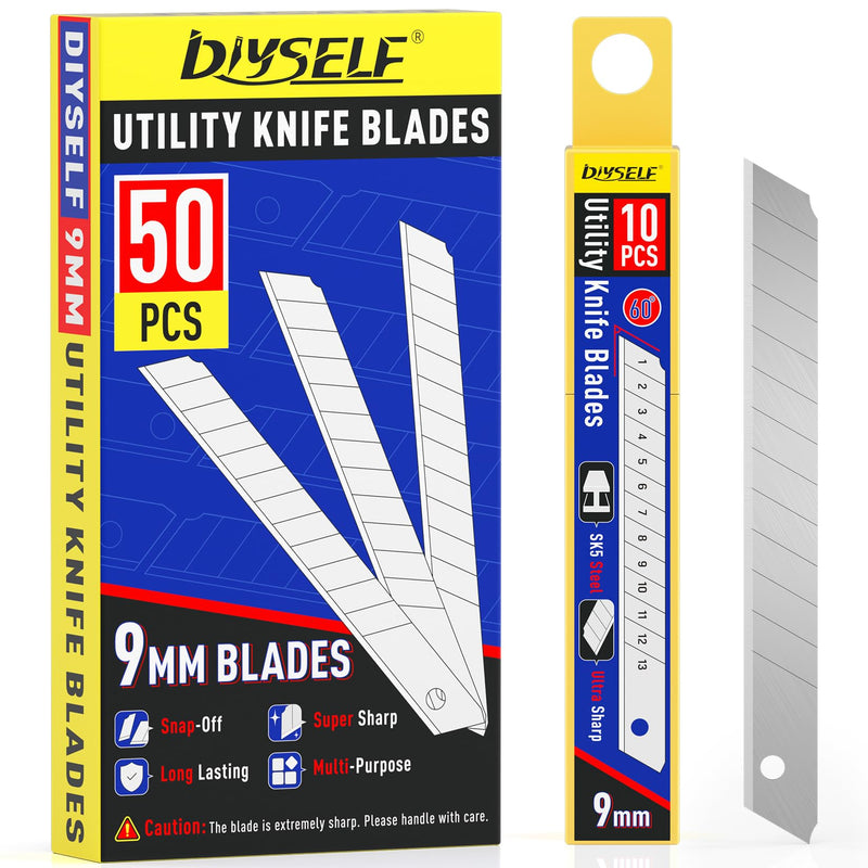DIYSELF 50Pcs 9mm Utility Knife Replacement Blades, Snap Off Blades for 9MM Universal Box Cutters (60°) 50-Pack(60°) - PawsPlanet Australia