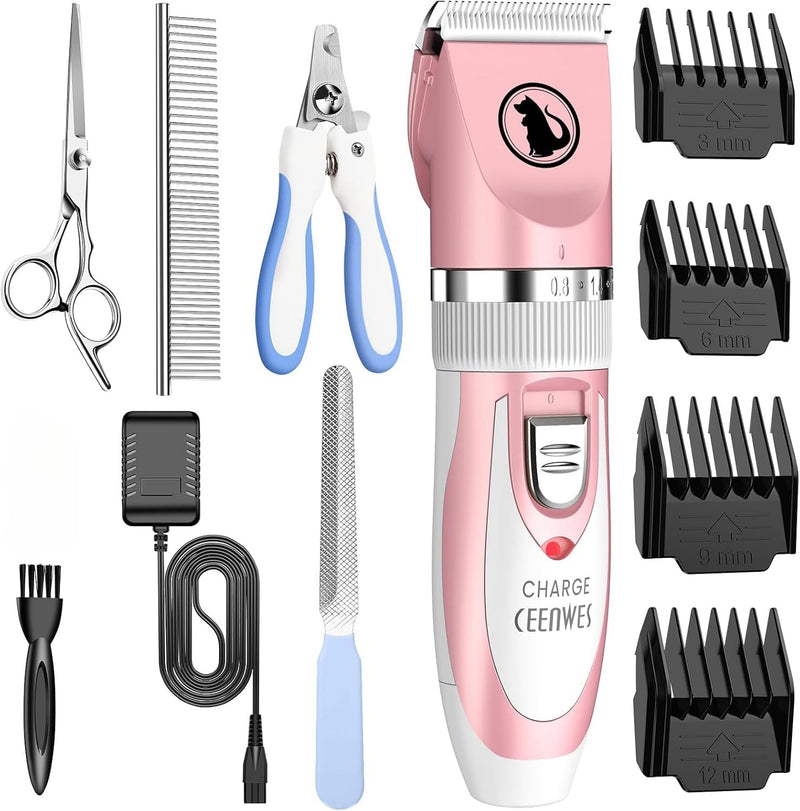 Ceenwes Low Noise Cat & Dog Clippers - Rechargeable Cordless Pet Grooming Tool with Comb Guides, Scissors & Nail Kits for Cats, Dogs & Other Pets (Pink) Pink - PawsPlanet Australia