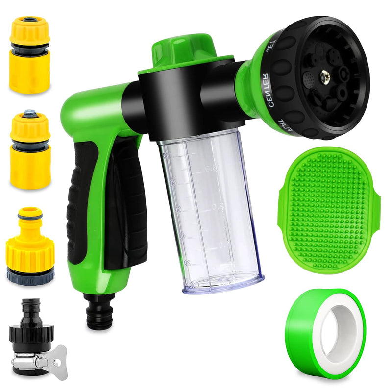 Pup Dog Jet Wash, 8-Way Spray Pattern Dog Washing Hose Attachment with Soap Dispenser, Pet Bath Brush, Garden Hose Nozzle Sprayer for Watering Plants, Lawn, Patio, Car Wash, Showering Pet Outdoor Green - PawsPlanet Australia