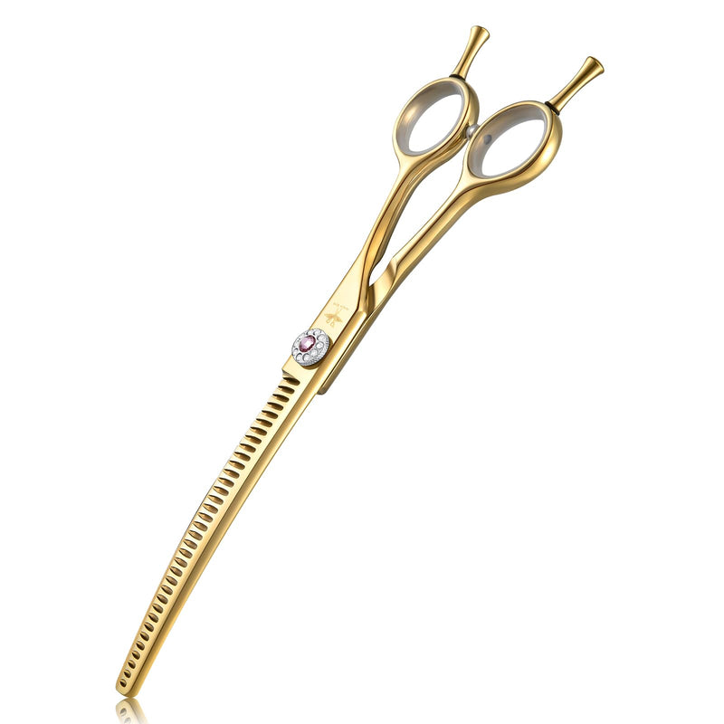 PURPLEBIRD Curved Shears Dog Grooming Chunkers, 7 inch Professional Thinning Scissors Safety Blunt Tip Trimming Scissors for Dogs Cats Face Paws Limbs Japanese Stainless Steel (Yellow) Gold Chunker - PawsPlanet Australia
